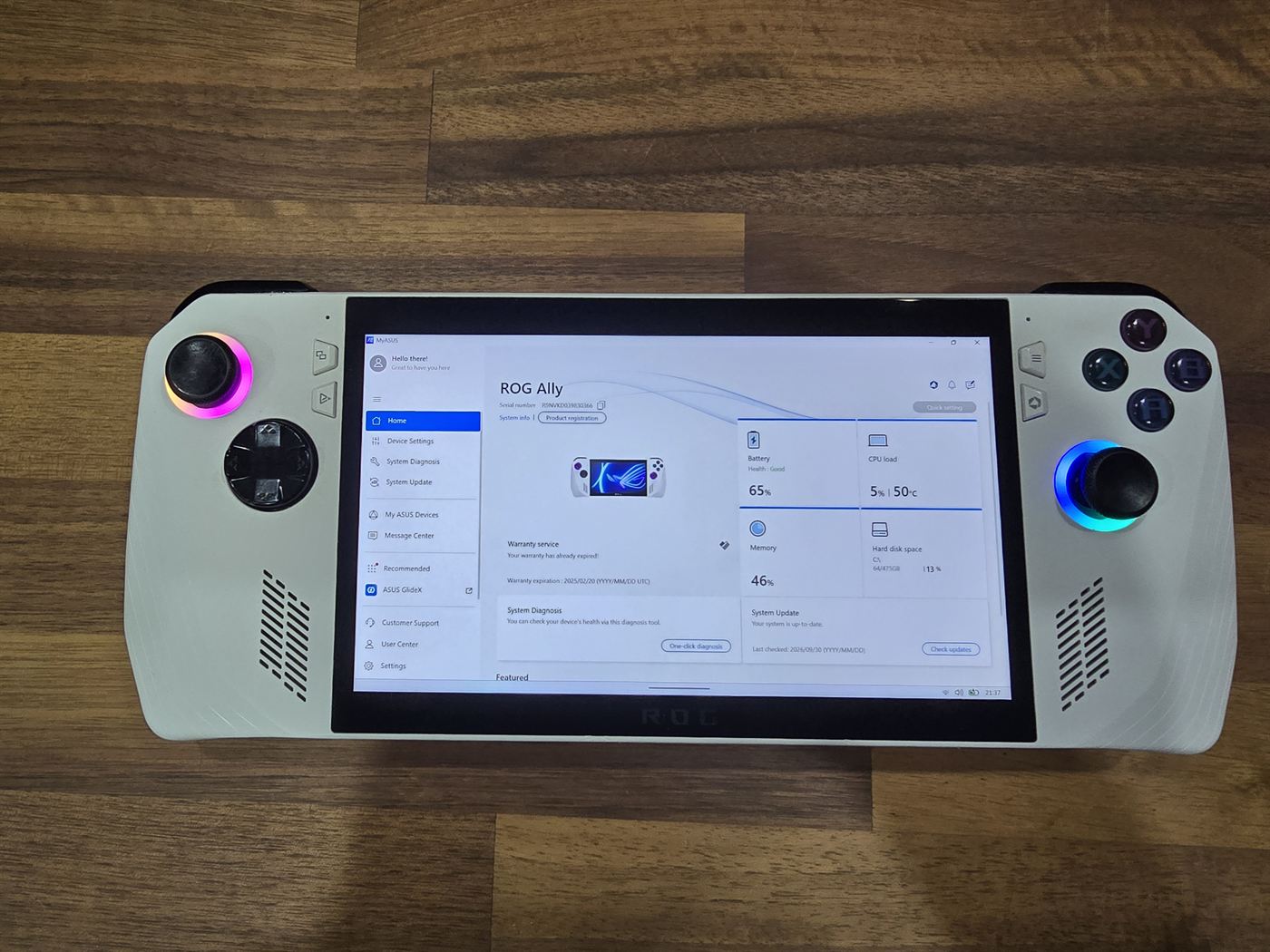 ASUS ROG Ally handheld, system info screen