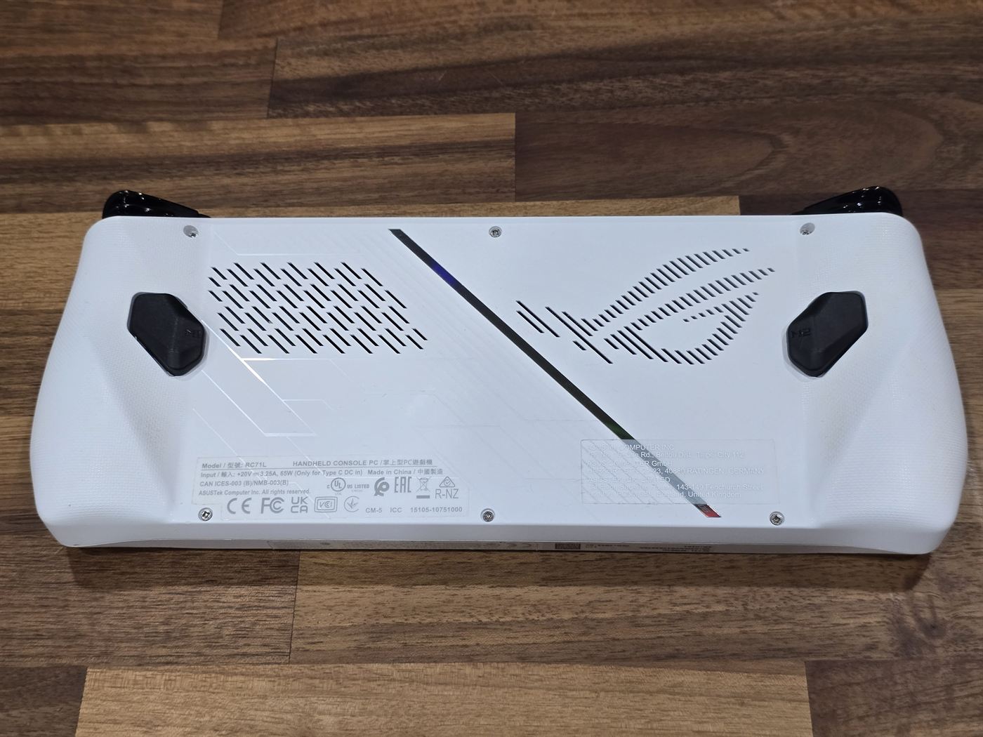 ASUS ROG Ally handheld, back view showing model number
