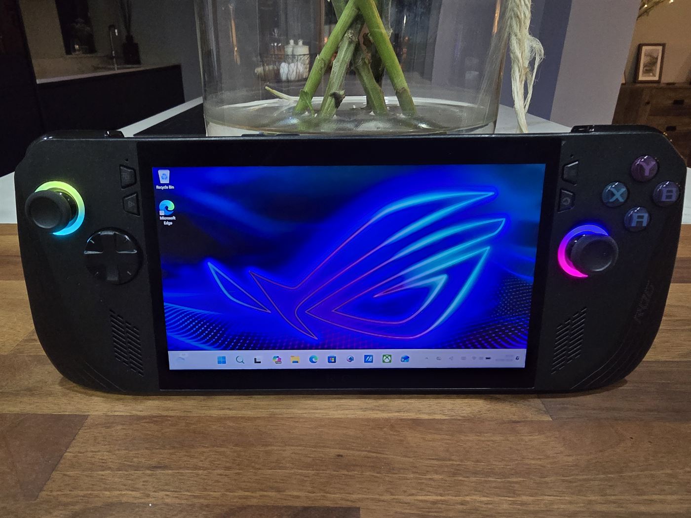 ASUS ROG Ally X handheld, front view, powered on